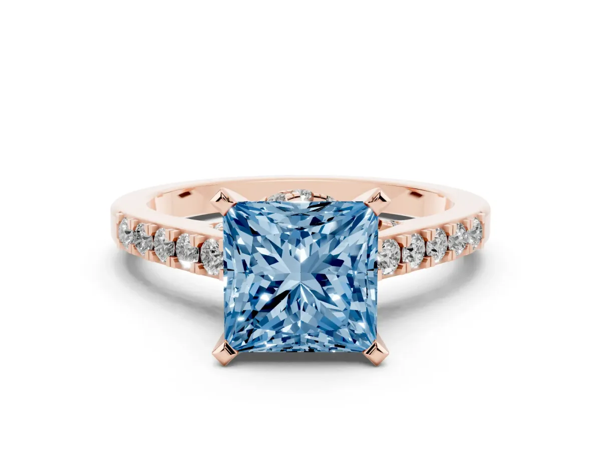 Fancy Blue Princess Cut Diamond Solitaire Ring with Crossover Gallery and Round Pavé Band Rose gold