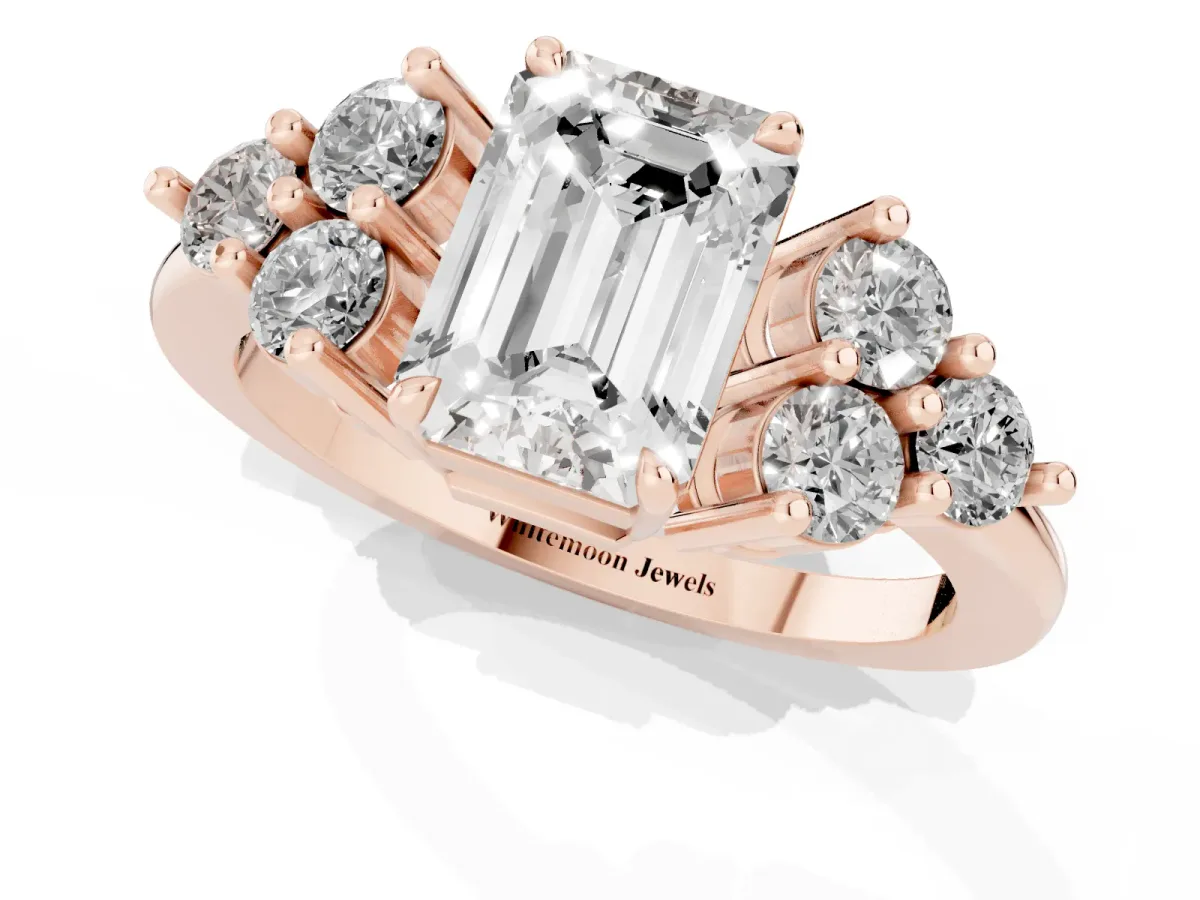Emerald Cut Brilliant Diamond Cluster Accent Solitaire Ring with Prong Setting Rose gold