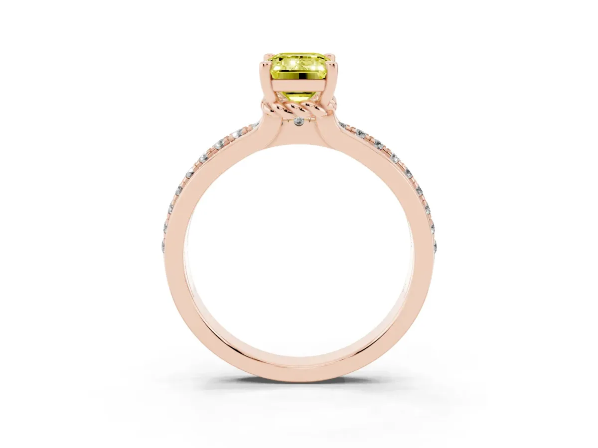 Fancy Yellow Emerald Cut Solitaire Diamond Ring with Channel Set Band and Six-Prong Setting Rose gold