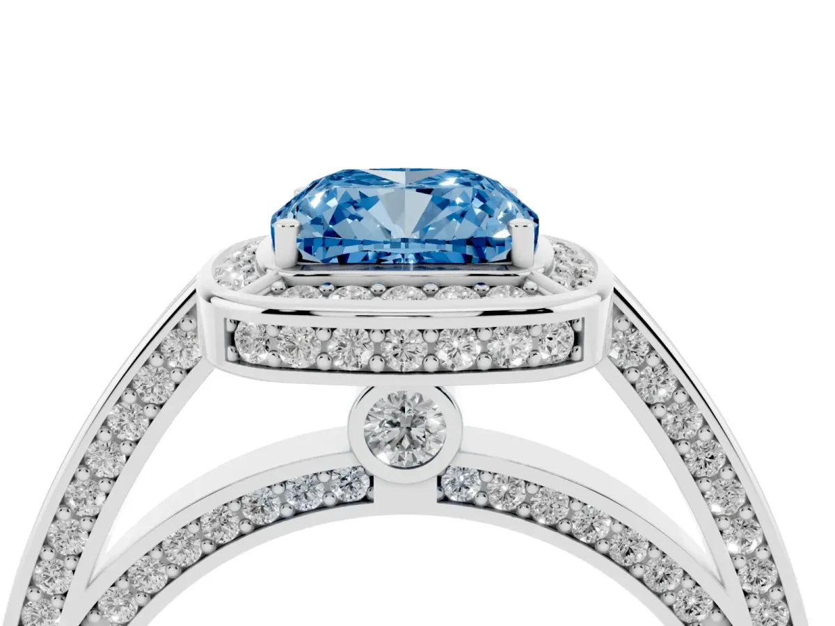 Fancy Blue Cushion Cut Cut Halo Pave Split Shank Prong Setting Ring Platinum