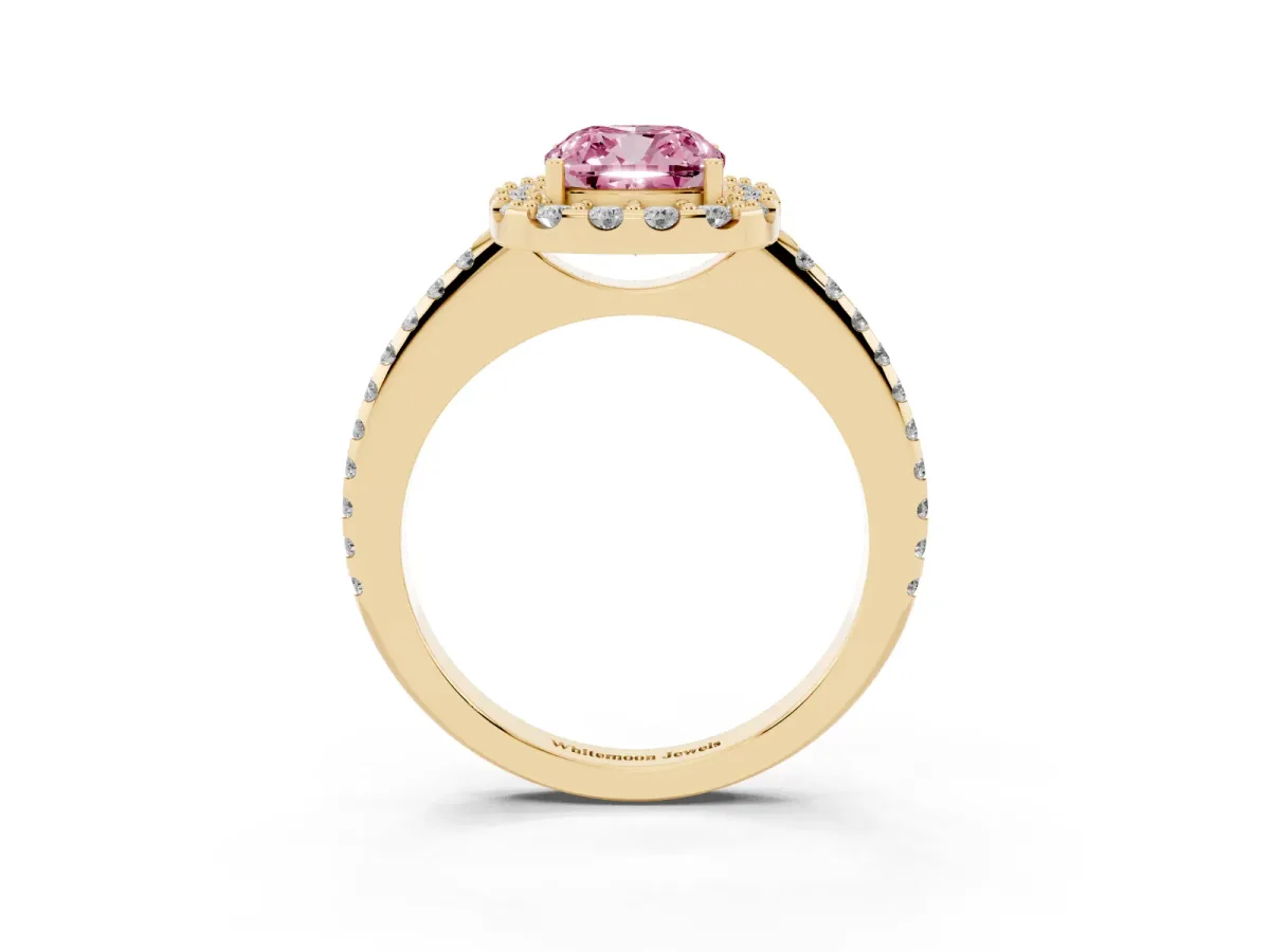 Fancy Pink Cushion Cut Diamond Pavé Halo Ring with Four-Prong Setting Yellow gold
