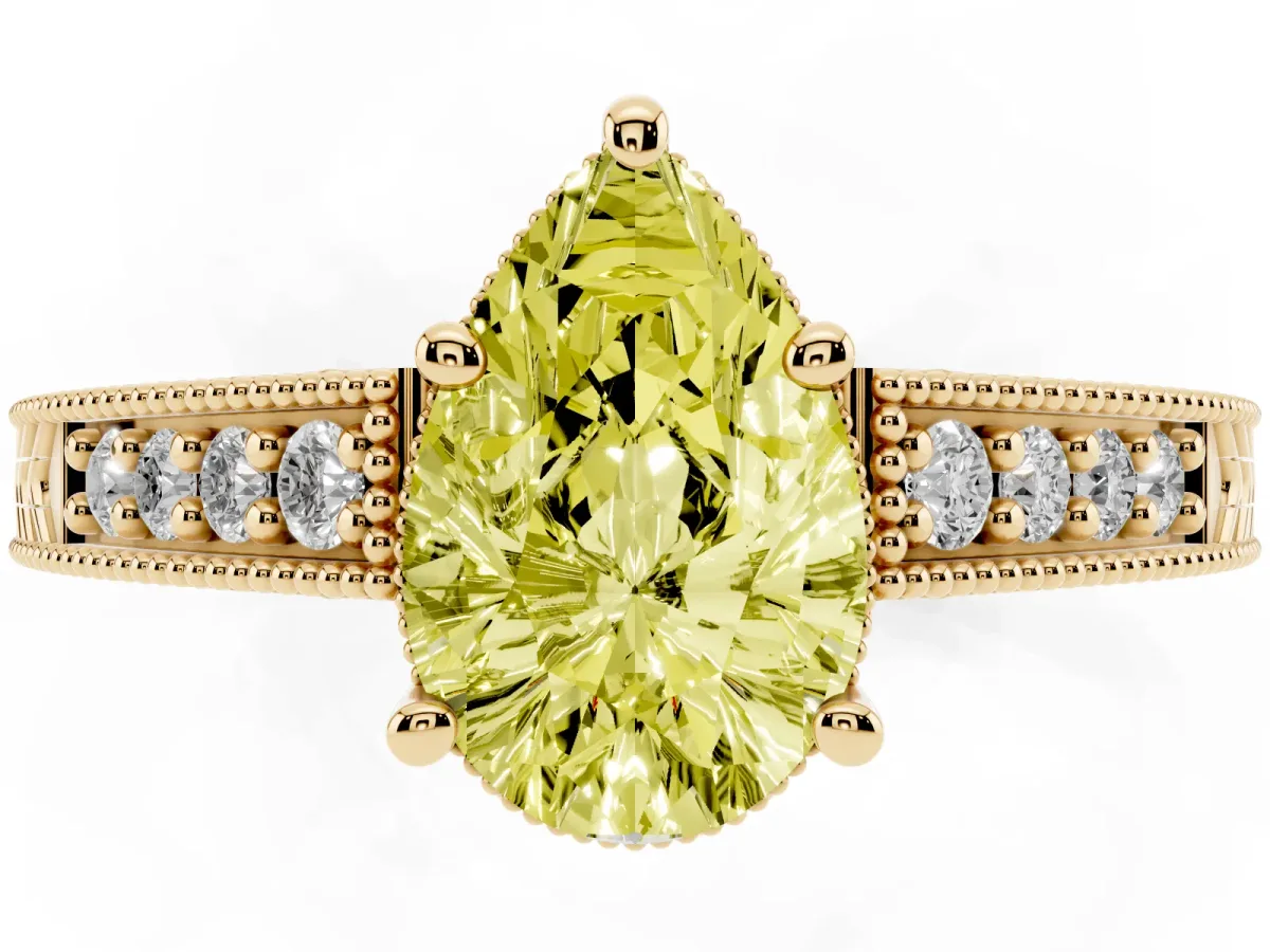 Fancy Yellow Pear Cut Solitaire Pavé Diamond Milgrain Engagement Ring with Four-Prong Setting Yellow gold