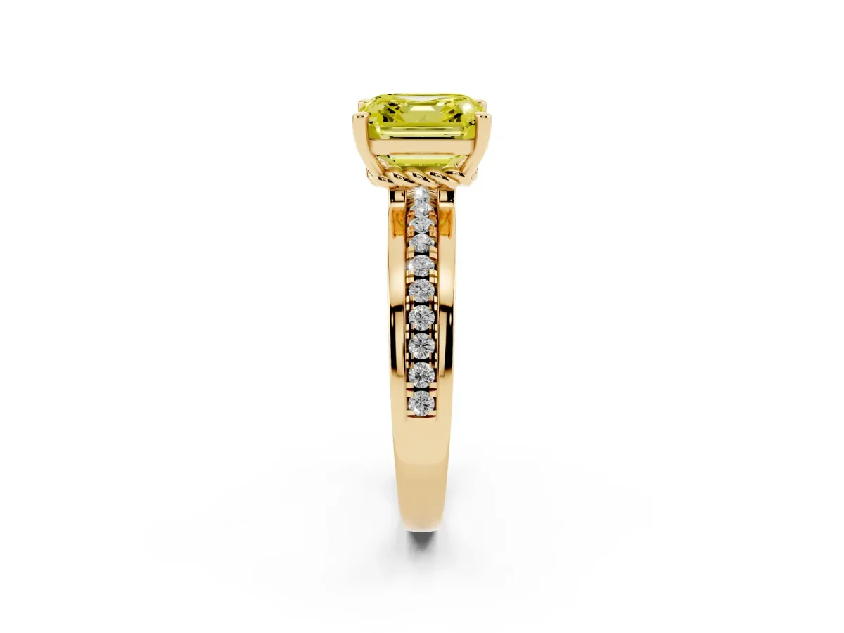 Fancy Yellow Asscher Cut Solitaire Diamond Ring with Channel Set Band and Six-Prong Setting Yellow gold