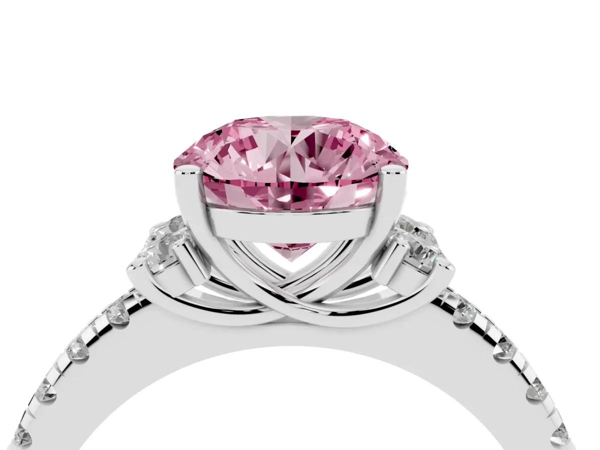 Fancy Pink Round Cut Diamond Three-Stone Pave Band with Four-Prong Setting Silver