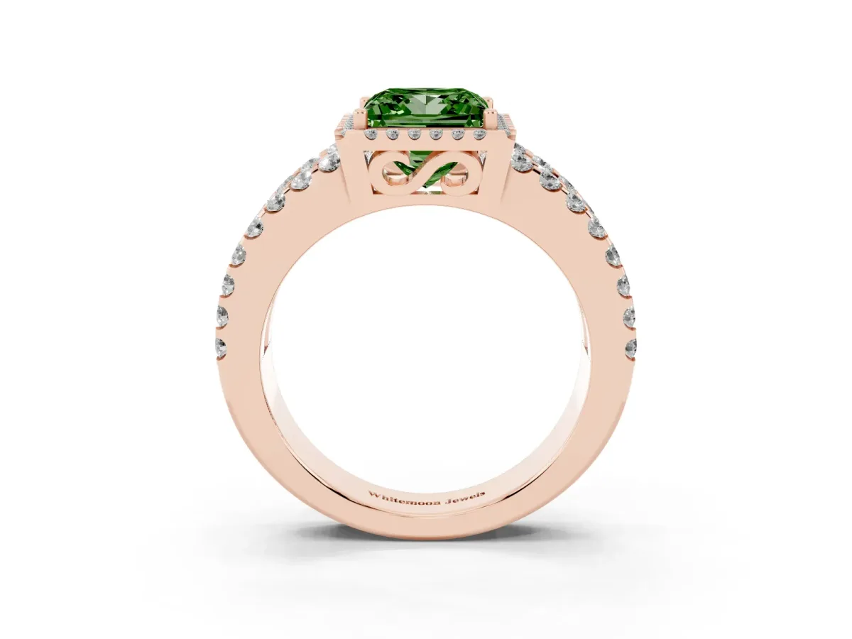 Fancy Green Princess Cut Cut Halo Split Shank Diamond Ring with Four-Prong Setting Rose gold