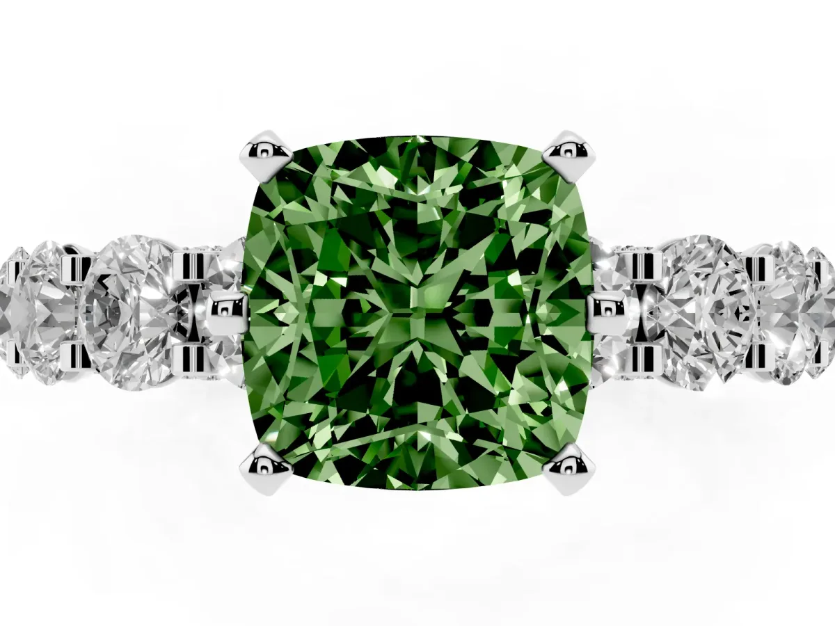 Fancy Green Cushion Cut Diamond Side Stone Engagement Ring with Four-Prong Setting Platinum