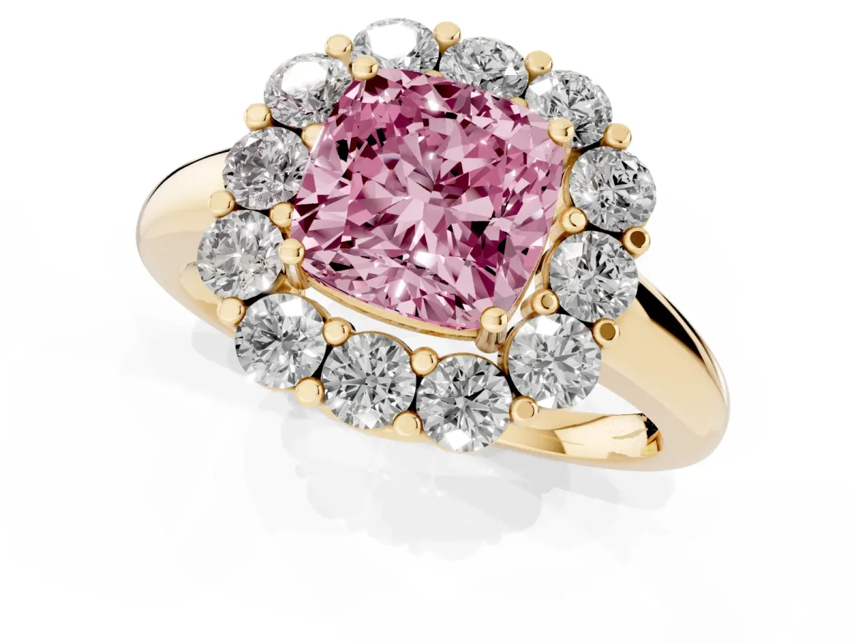 Fancy Pink Cushion Cut Halo Cluster Diamond Engagement Ring with Prong Setting and Polished Band Yellow gold
