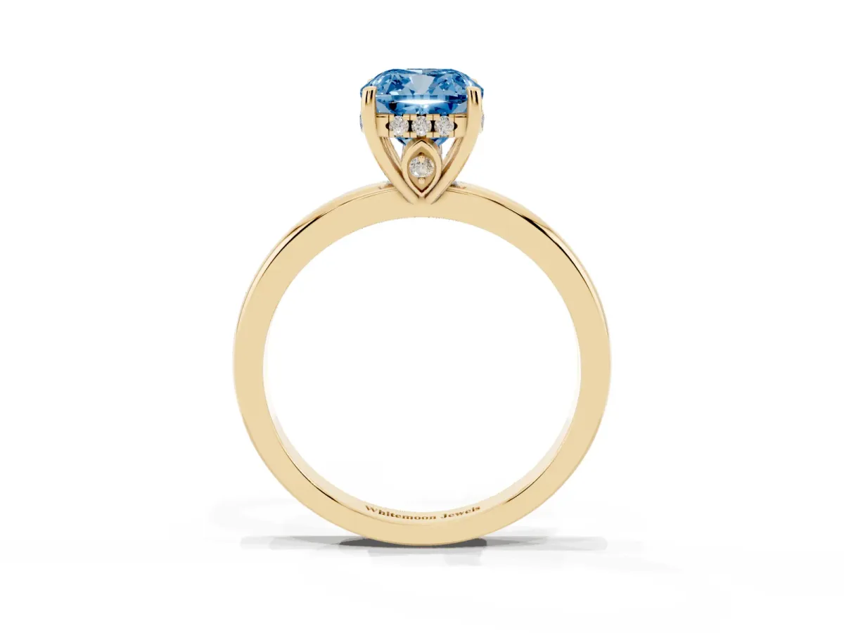 Fancy Blue Cushion Cut Solitaire Diamond Ring with Prong Setting and Plain Band Yellow gold