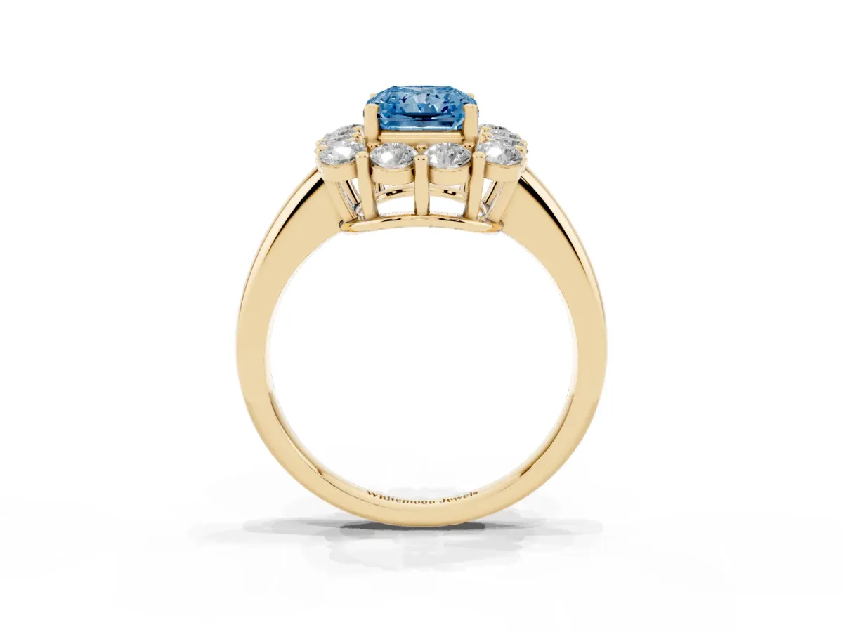Fancy Blue Radiant Cut Halo Cluster Diamond Engagement Ring with Prong Setting and Polished Band Yellow gold