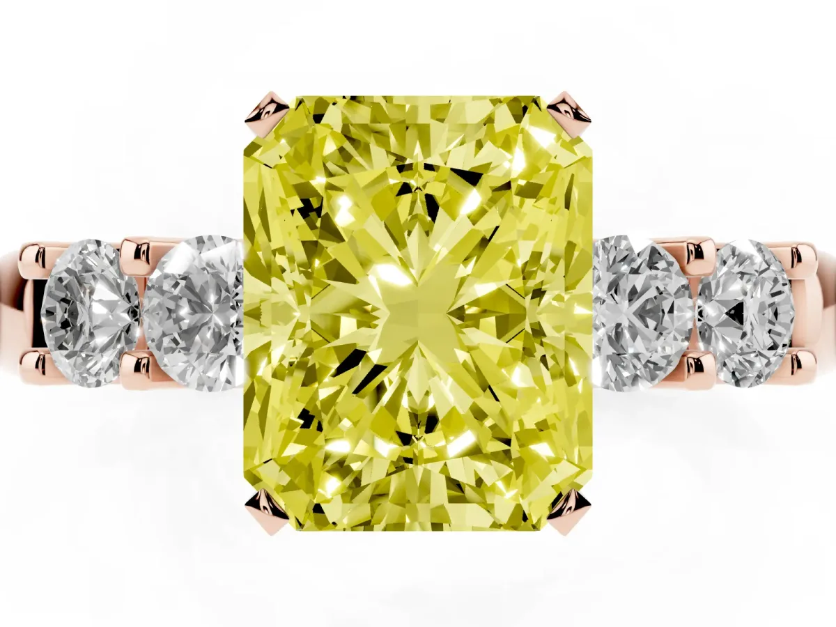 Fancy Yellow Radiant Cut Brilliant Cut Diamond Five-Stone Prong Set Engagement Ring with Channel Band Rose gold