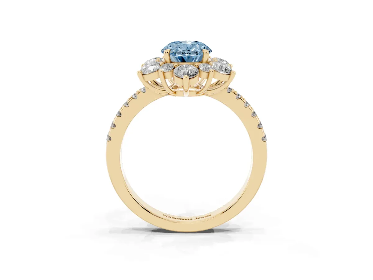 Fancy Blue Oval Cut Diamond Floral Halo Ring with Round Pavé Band and Prong Setting Yellow gold