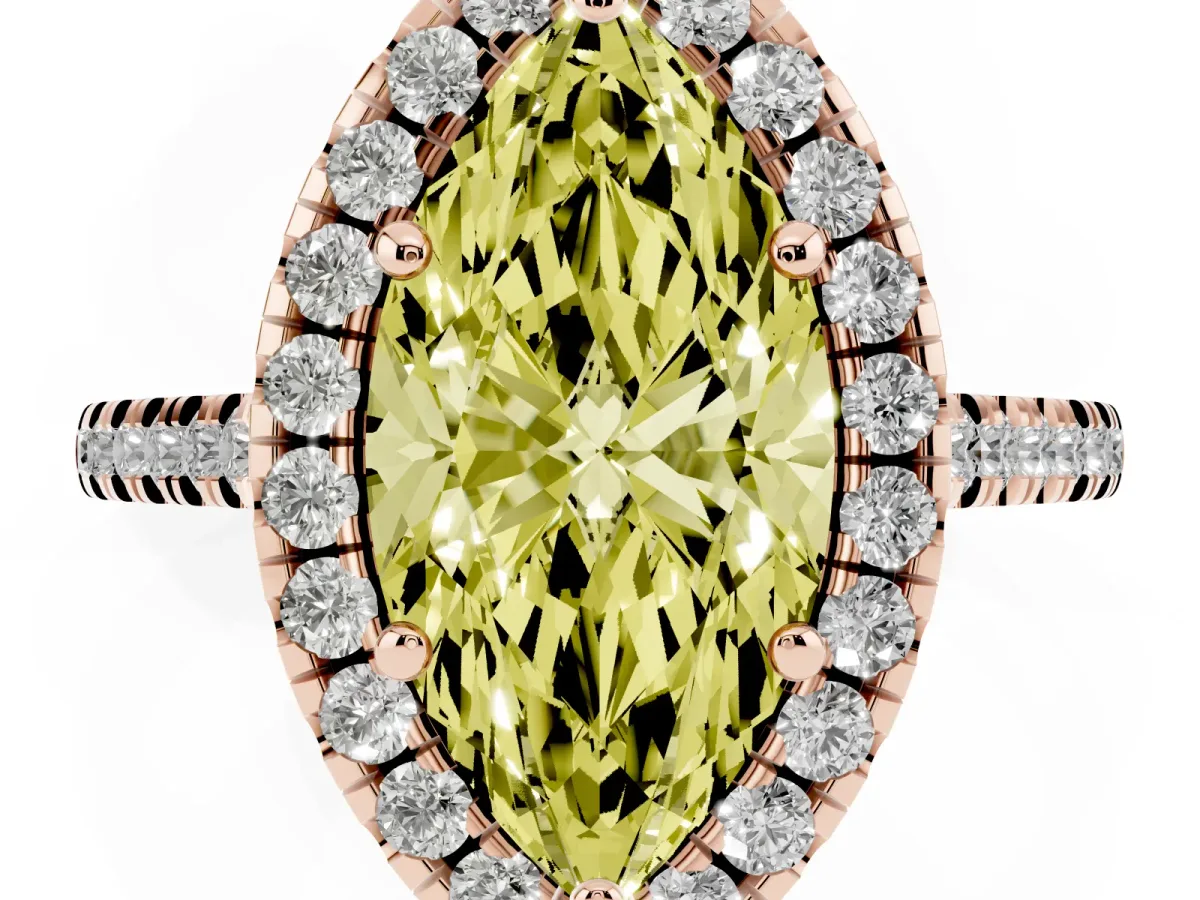 Fancy Yellow Marquise Cut Diamond Cushion Halo Ring with Pavé Band Rose gold