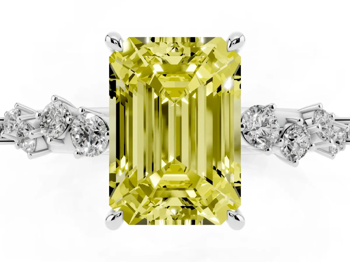 Fancy Yellow Emerald Cut Diamond Cluster Side Stone Solitaire Ring with Prong Setting Silver