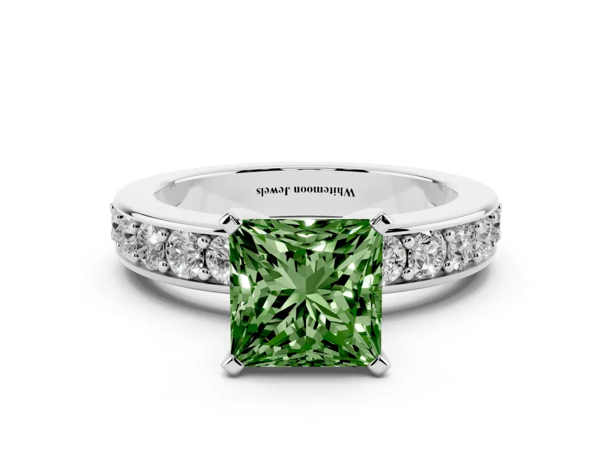 Fancy Green Princess Cut Diamond Engagement Ring with Channel Set Round Band and Prong Setting Platinum