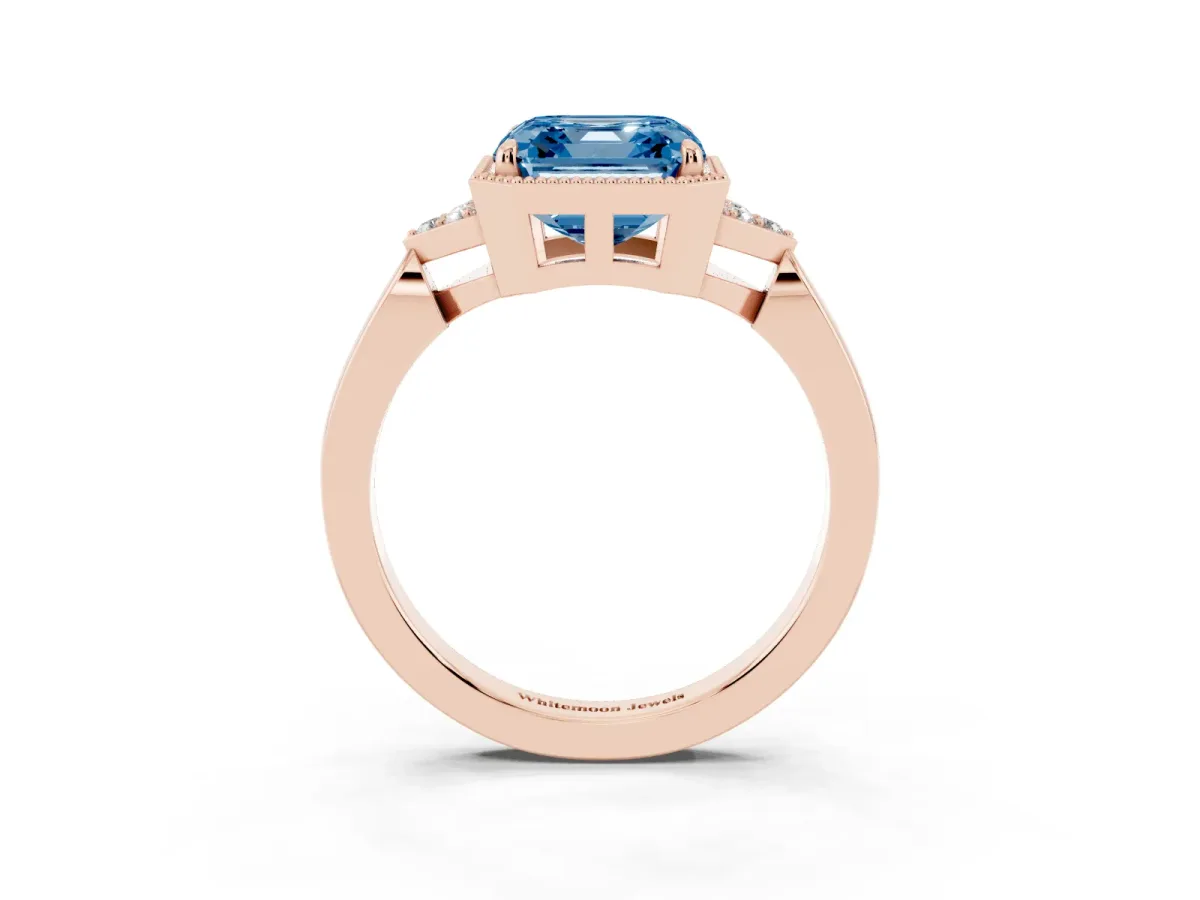 Fancy Blue Milgrain Asscher Cut Cut Diamond Ring with Tapered Pave Band and Four Prong Setting Rose gold