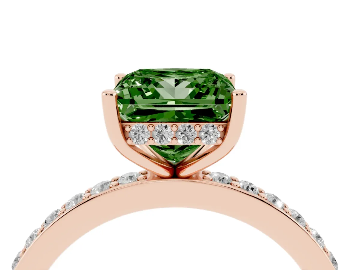 Fancy Green Princess Cut Cut Diamond Pavé Band Ring with Four-Prong Setting Rose gold