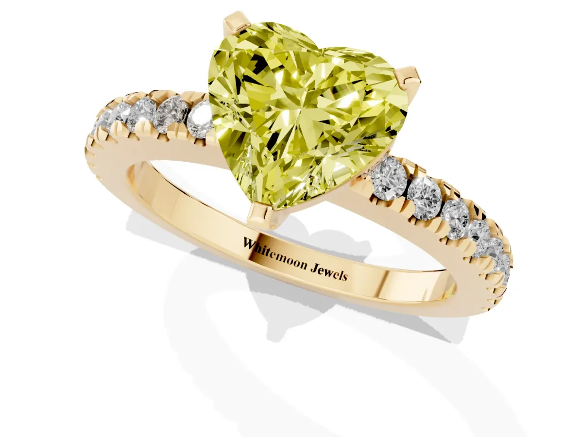 Fancy Yellow Heart Cut Solitaire Diamond with Pavé Band and Four-Prong Setting Yellow gold