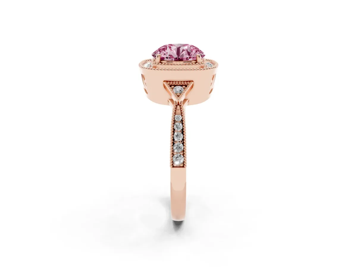 Fancy Pink Round Cut Halo Round Diamond Milgrain Pave Engagement Ring Rose gold
