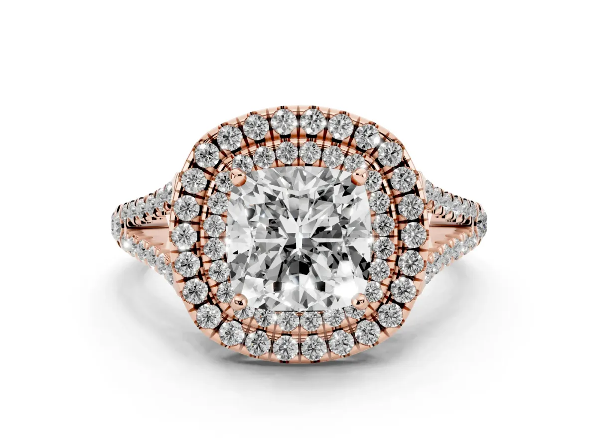 Cushion Cut Diamond Double Halo Ring with Pavé Band and Prong Setting Rose gold