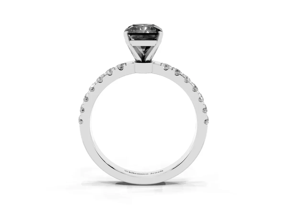 Fancy Black Radiant Cut Diamond Solitaire Ring with Pavé Accents and Four-Prong Setting Silver