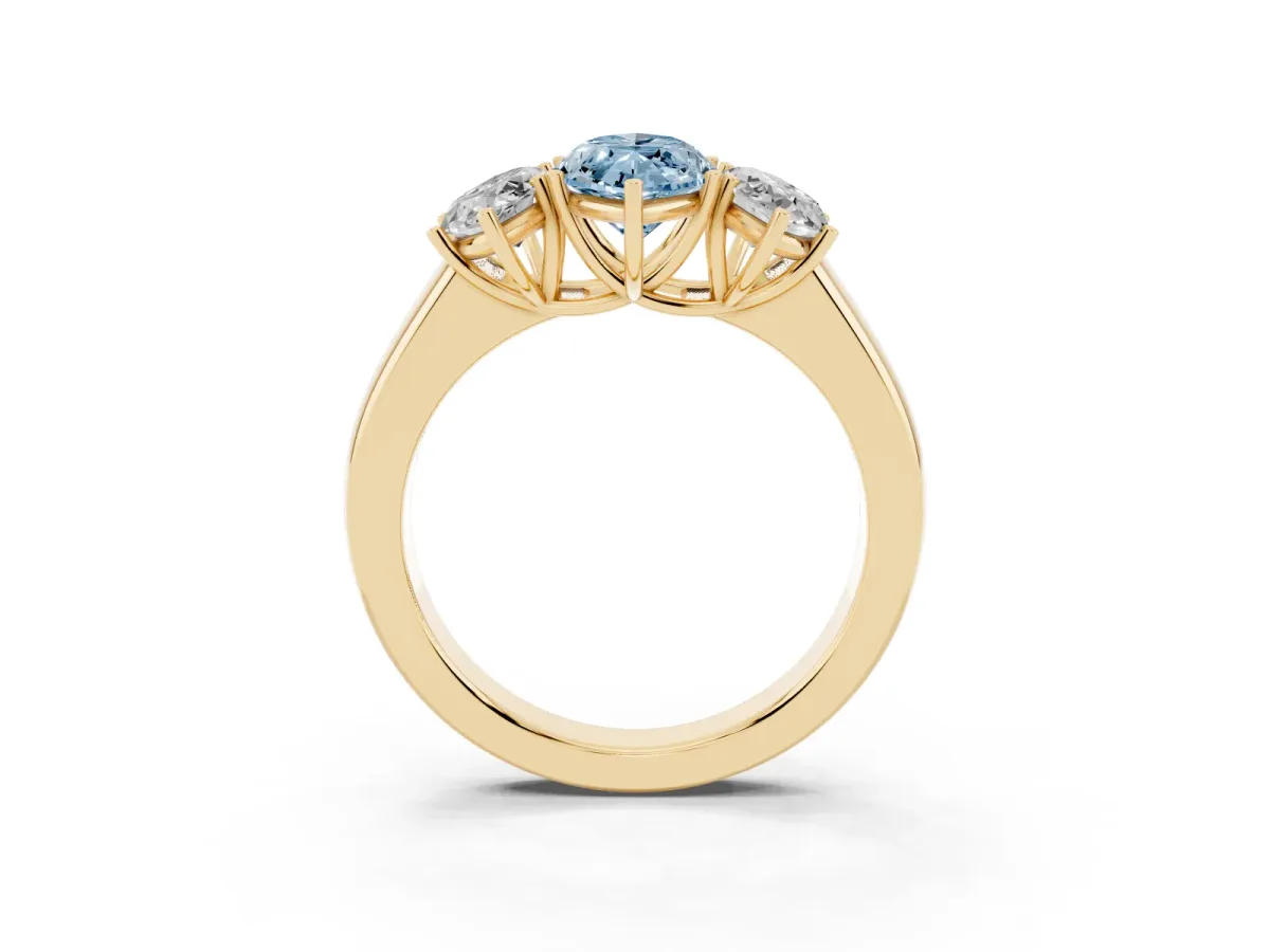 Fancy Blue Three-Stone Marquise Cut Cut Diamond Ring with Prong Setting and Classic Band Yellow gold