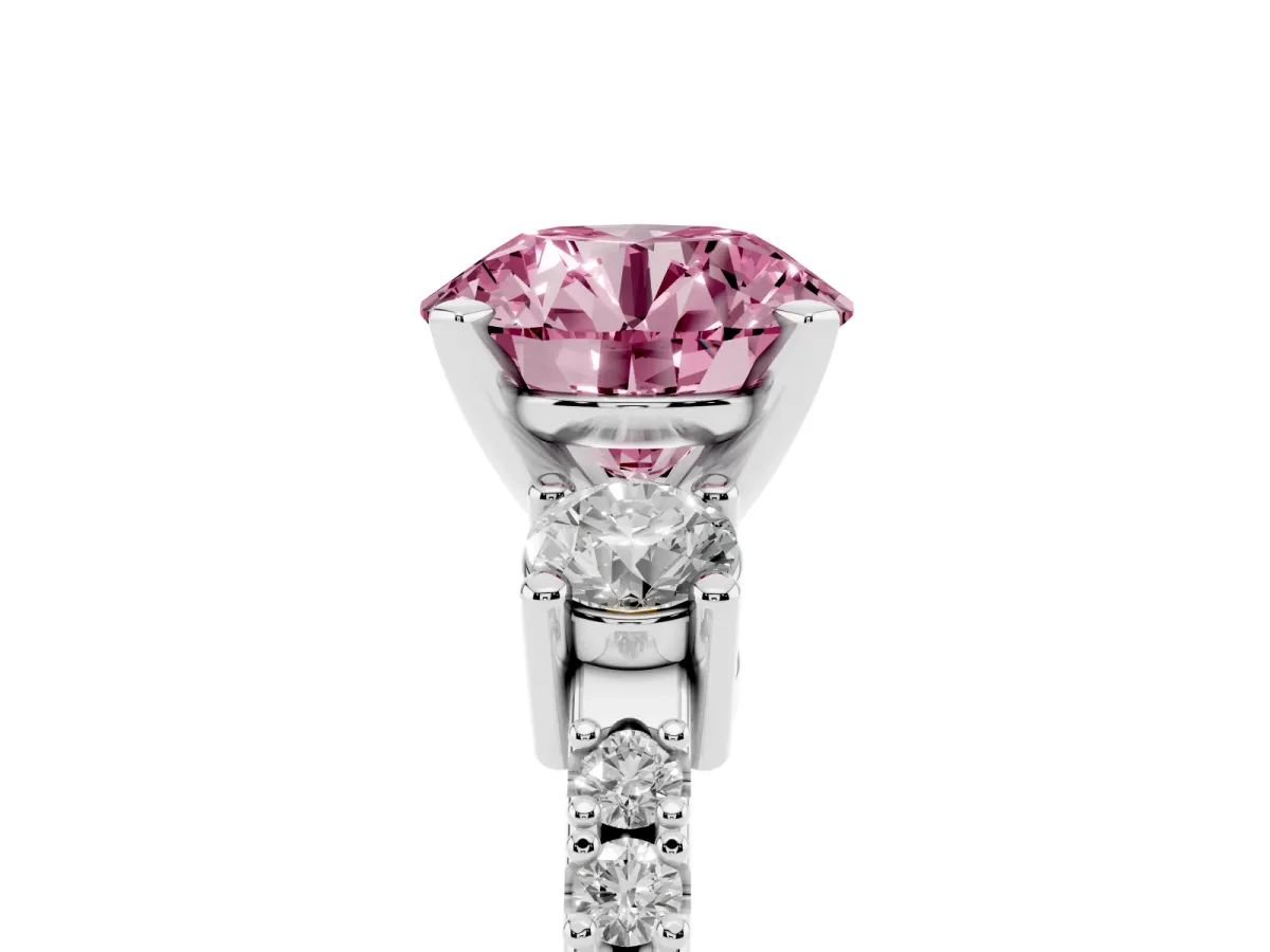 Fancy Pink Round Cut Three-Stone Diamond Pavé Band with Prong Setting Silver