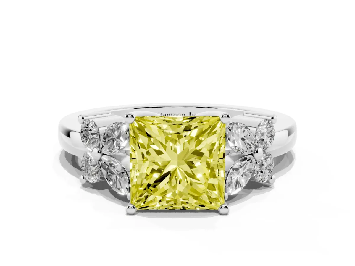 Fancy Yellow Princess Cut Diamond Floral Cluster Ring with Solitaire Band and Prong Setting Platinum