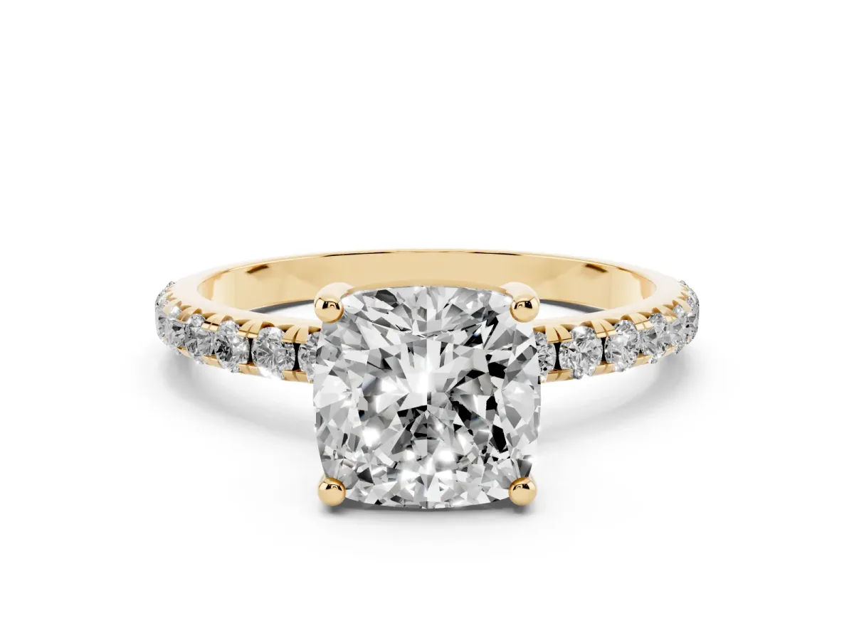 Cushion Cut Cut Diamond Solitaire Ring with Micro Pave Band and Four Prong Setting Yellow gold
