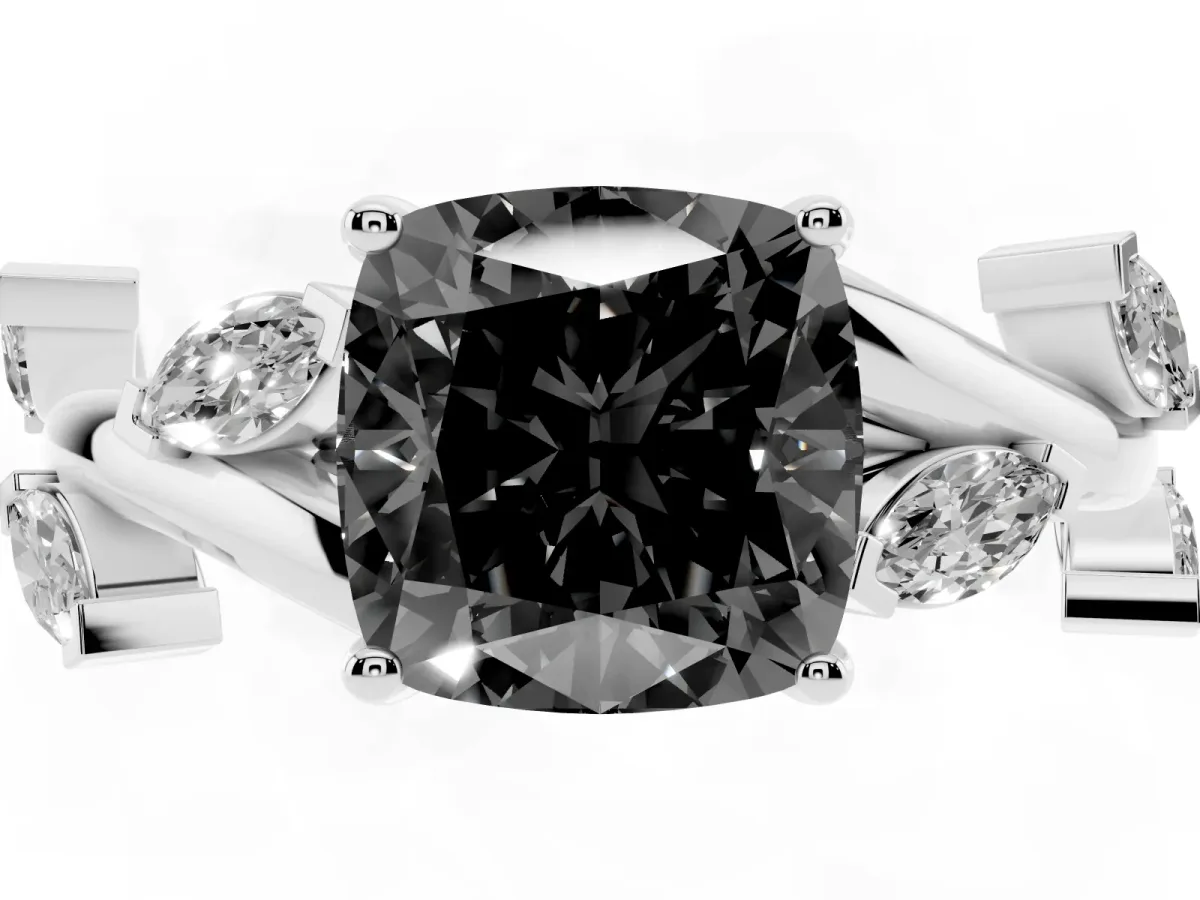 Fancy Black Cushion Cut Solitaire Twisted Band Marquise Accent Prong Setting Ring Platinum