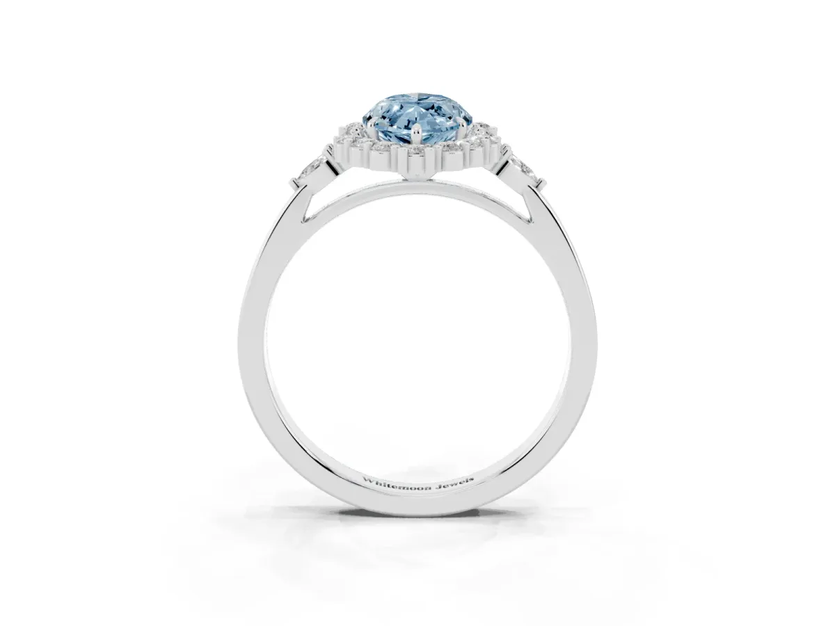 Fancy Blue Marquise Cut Diamond Halo Ring with Pear Side Stones and Prong Setting Silver