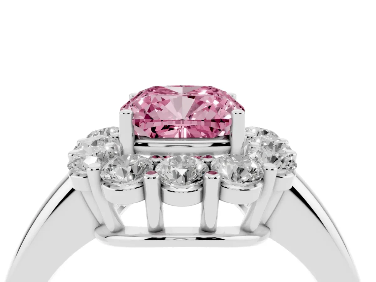 Fancy Pink Cushion Cut Halo Cluster Diamond Engagement Ring with Prong Setting and Polished Band Platinum