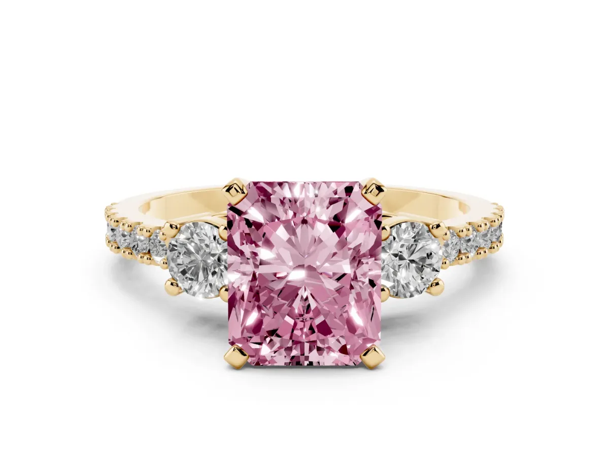 Fancy Pink Radiant Cut Three-Stone Diamond Pavé Band with Prong Setting Yellow gold