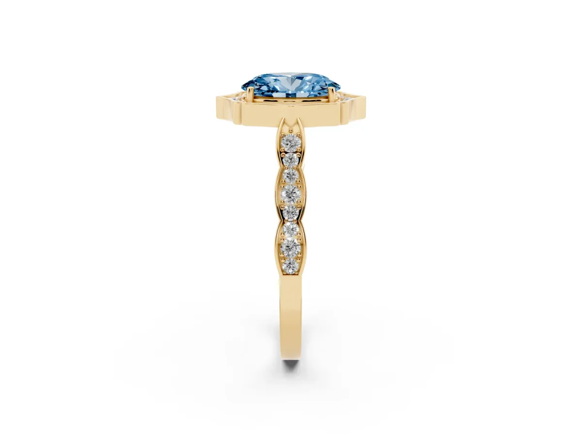 Fancy Blue Oval Cut Halo Diamond Engagement Ring with Milgrain Band and Four-Prong Setting Yellow gold