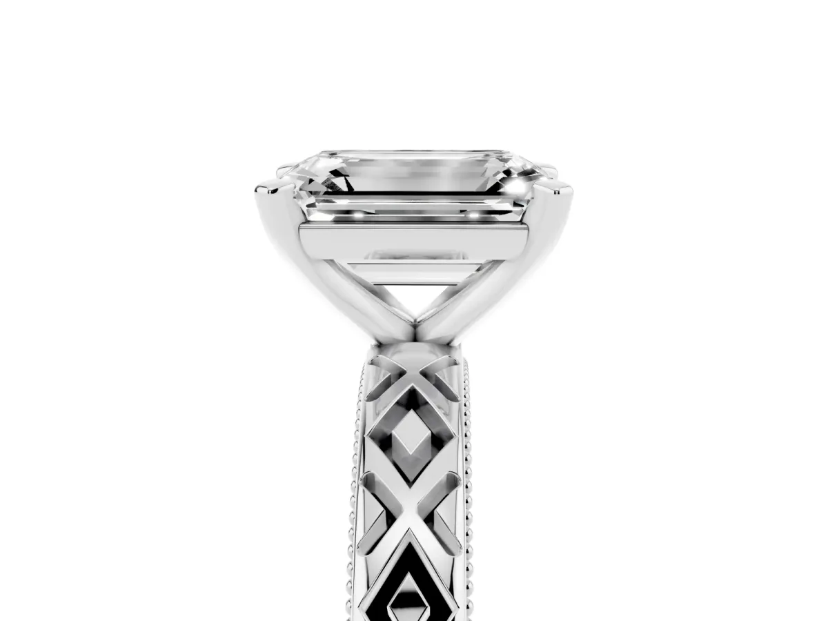 Emerald Cut Solitaire Diamond Ring with Milgrain and Black Enamel X Pattern Band Silver