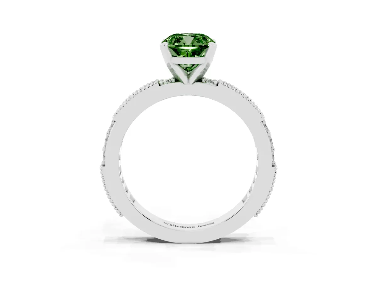 Fancy Green Cushion Cut Solitaire with Pavé Band and Four-Prong Setting Silver