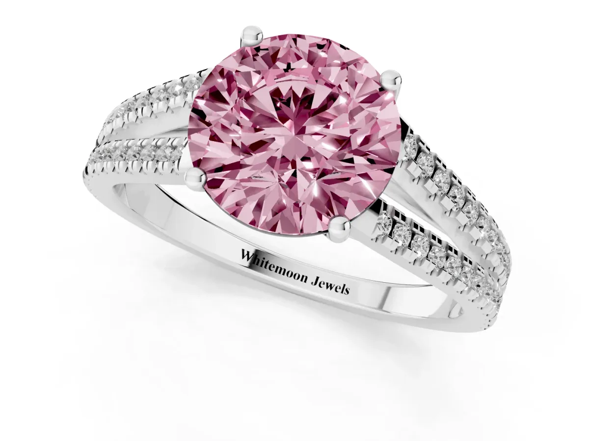 Fancy Pink Round Cut Diamond Solitaire Engagement Ring with Split Shank Pavé Band Platinum