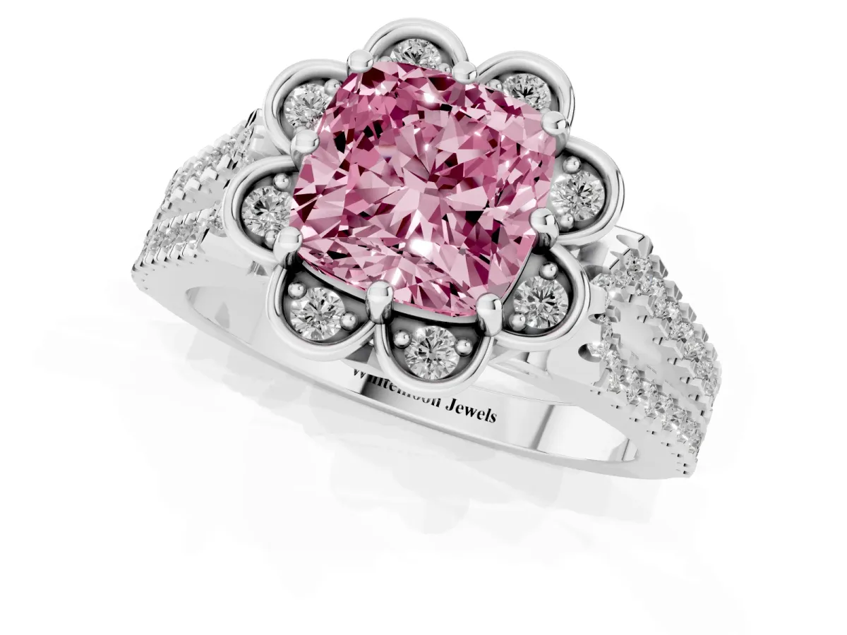 Fancy Pink Cushion Cut Halo Diamond Floral Split Shank Engagement Ring Silver