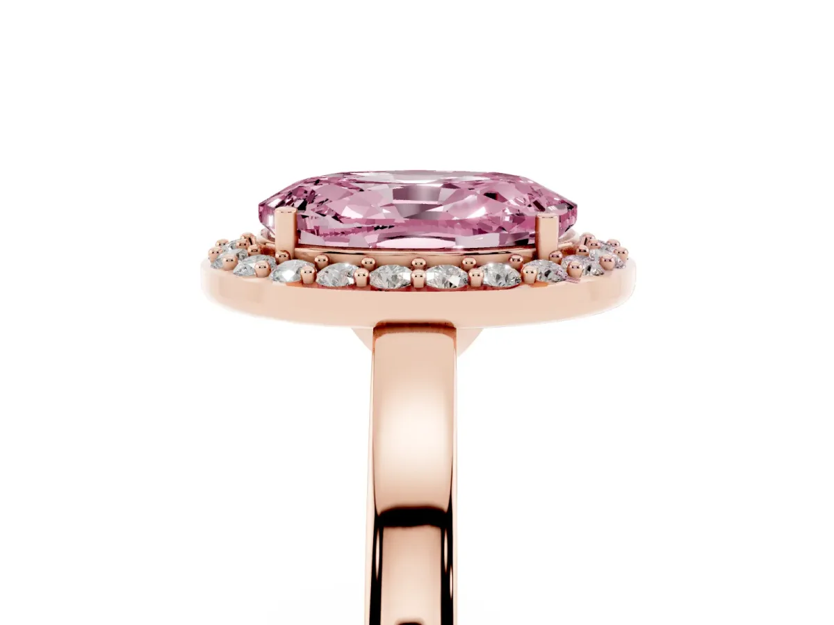 Fancy Pink Oval Cut Halo Diamond Ring with Solitaire Band and Prong Setting Rose gold