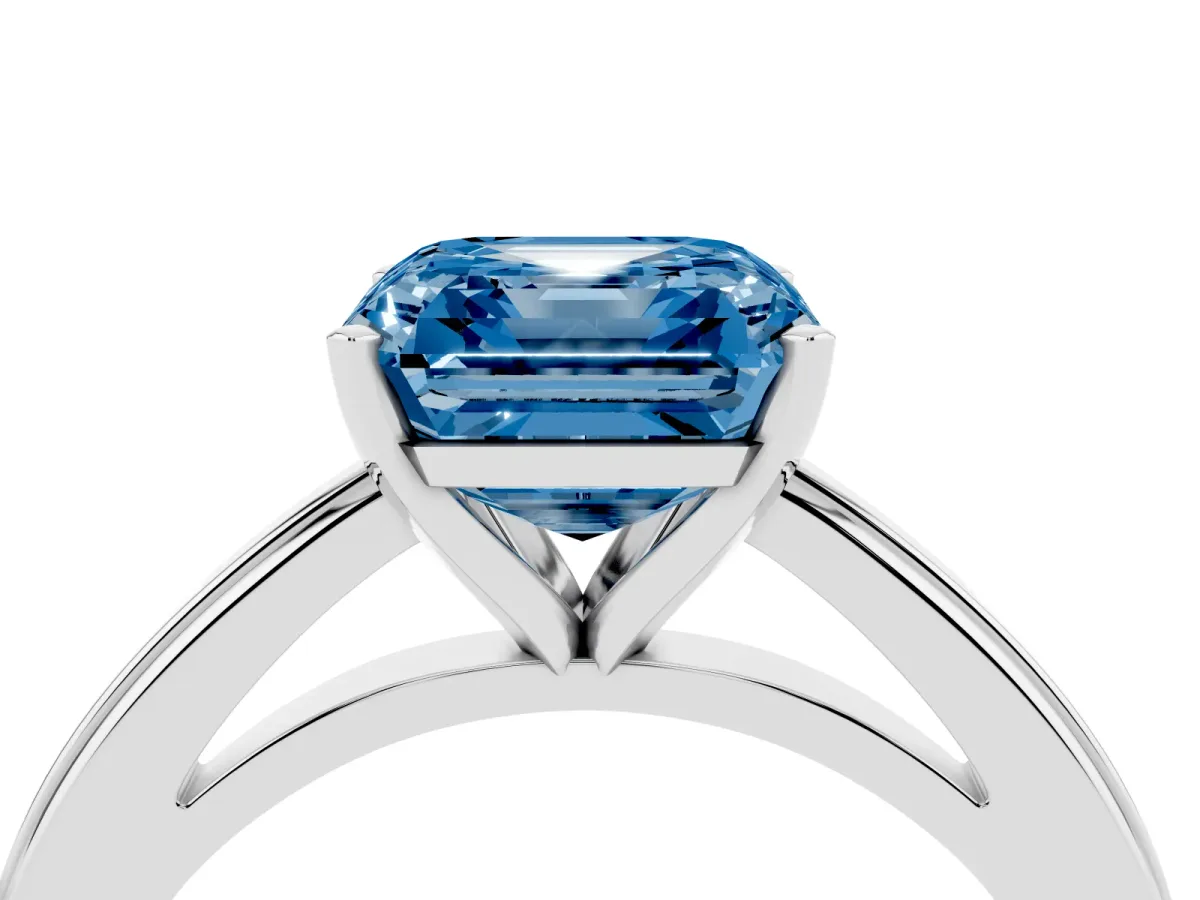 Fancy Blue Asscher Cut Solitaire Diamond Ring with Four-Prong Setting and Classic Band White gold