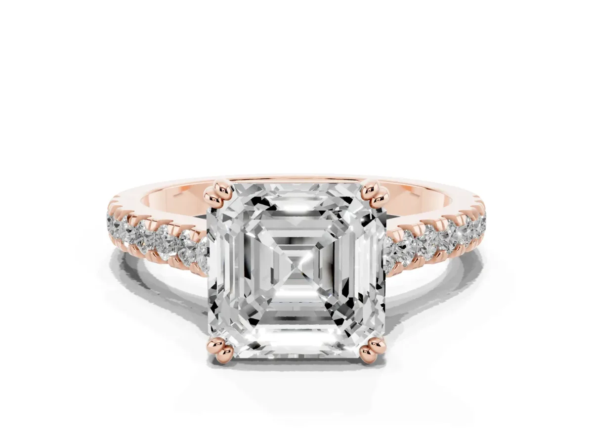 Asscher Cut Solitaire Pave Diamond Engagement Ring with Prong Setting Rose gold