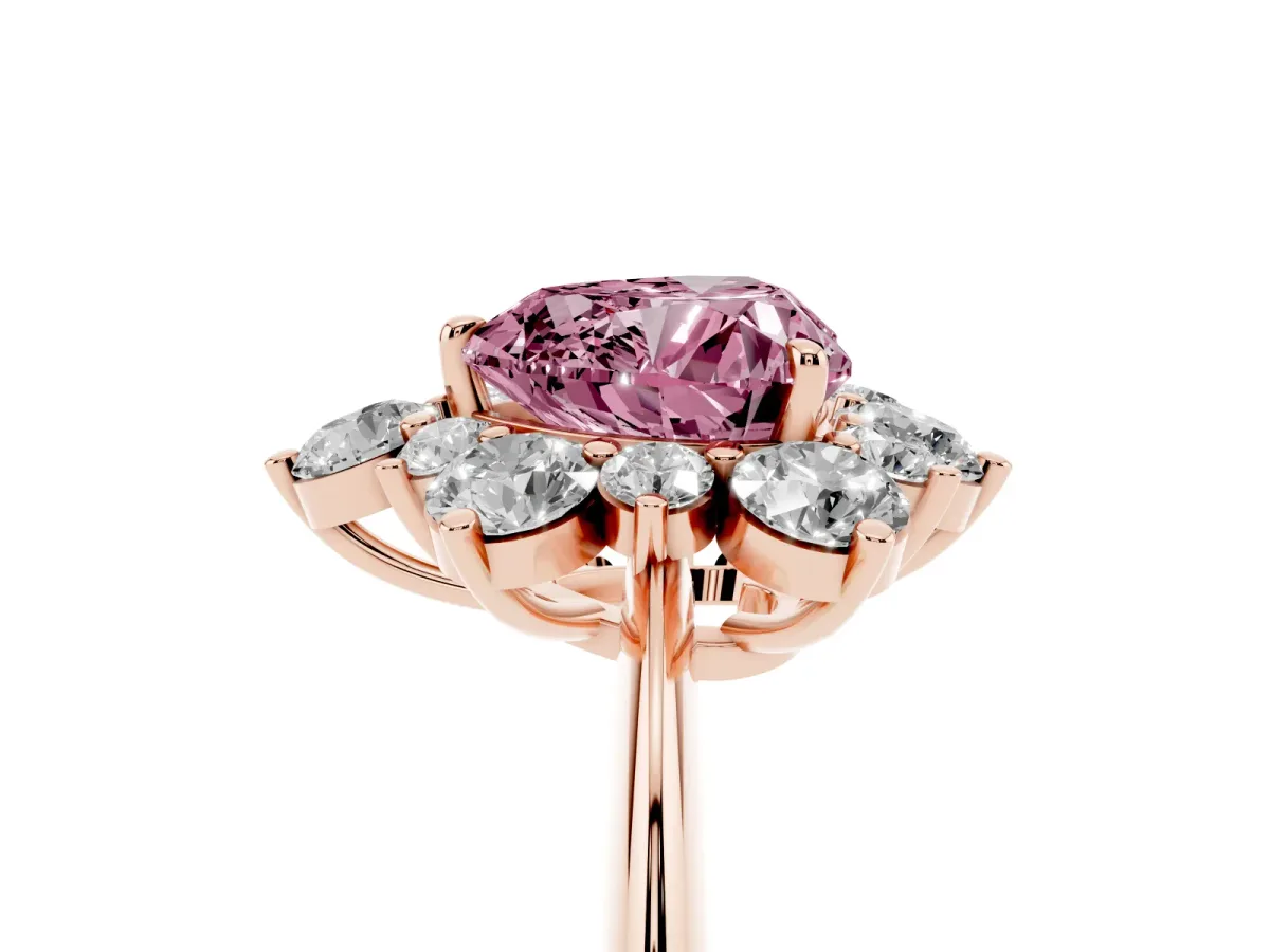 Fancy Pink Heart Cut Diamond Cluster Halo Ring with Solitaire Band and Four-Prong Setting Rose gold