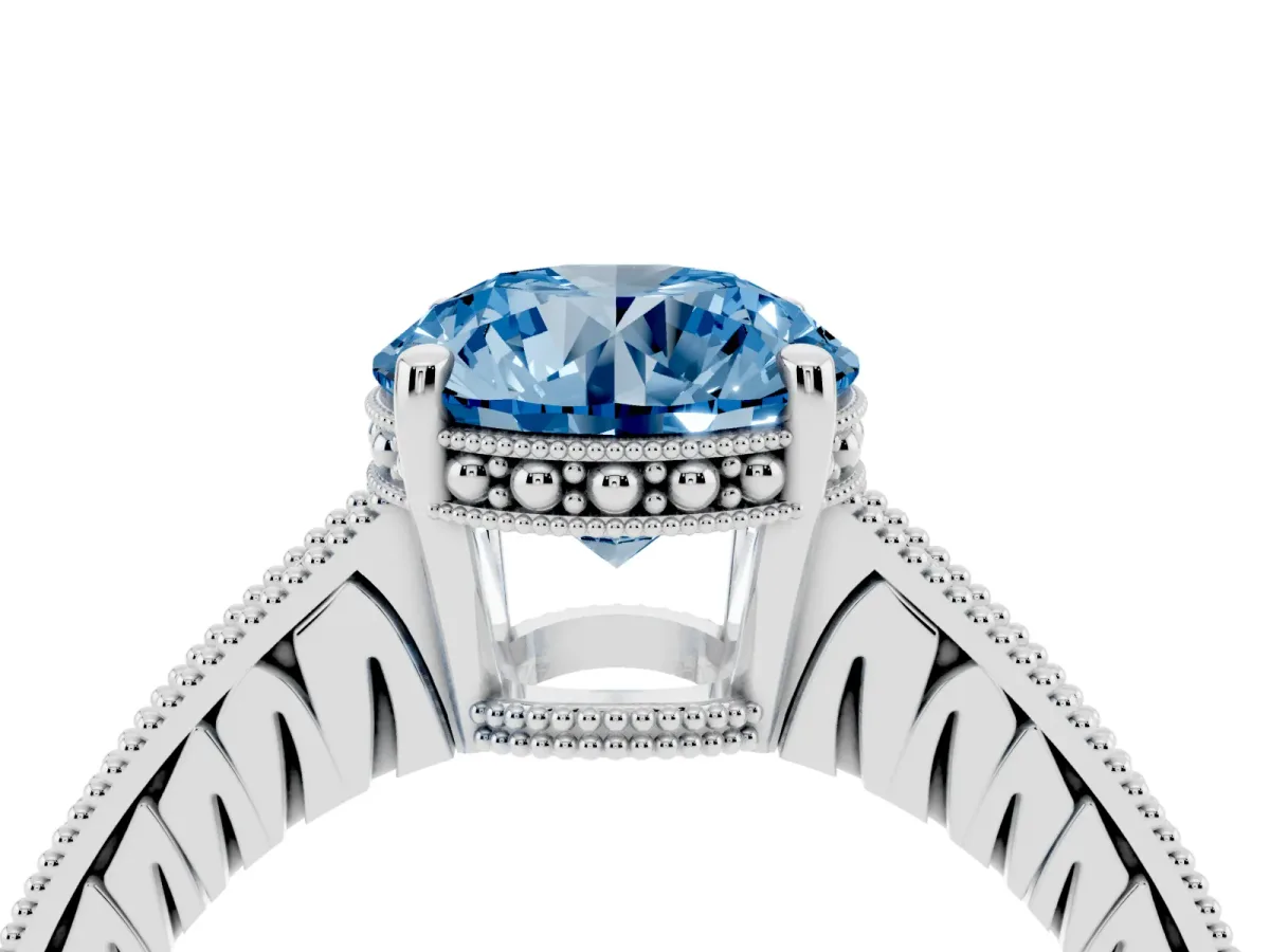 Fancy Blue Round Cut Solitaire Pavé Diamond Milgrain Engagement Ring with Four-Prong Setting Silver