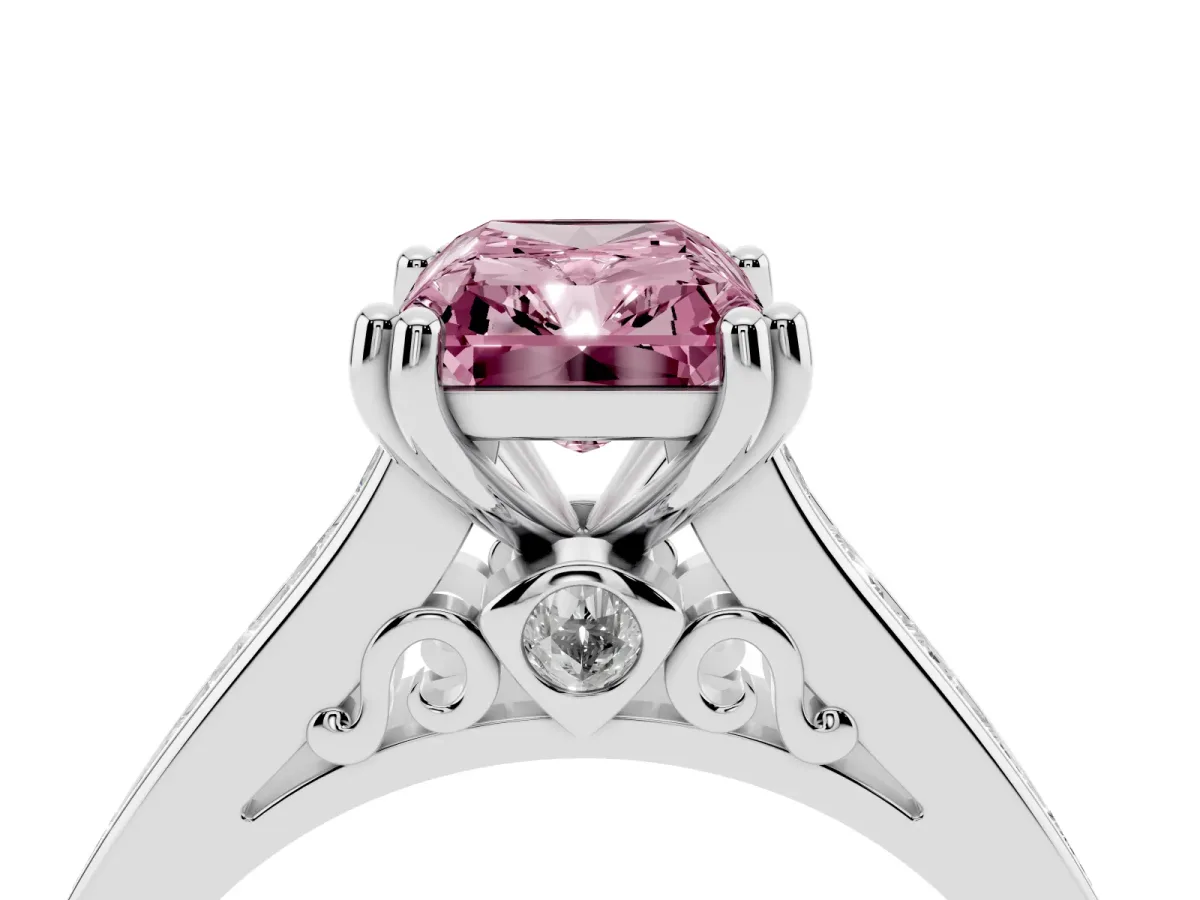 Fancy Pink Radiant Cut Cut Channel Set Solitaire Engagement Ring with Prong Setting Platinum