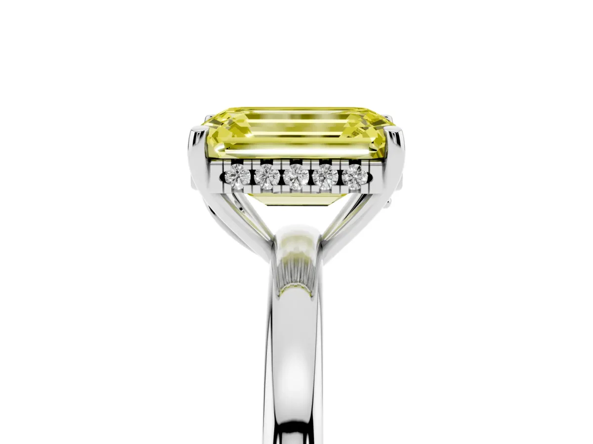 Fancy Yellow Emerald Cut Solitaire Diamond Ring with Prong Setting and Plain Band Silver