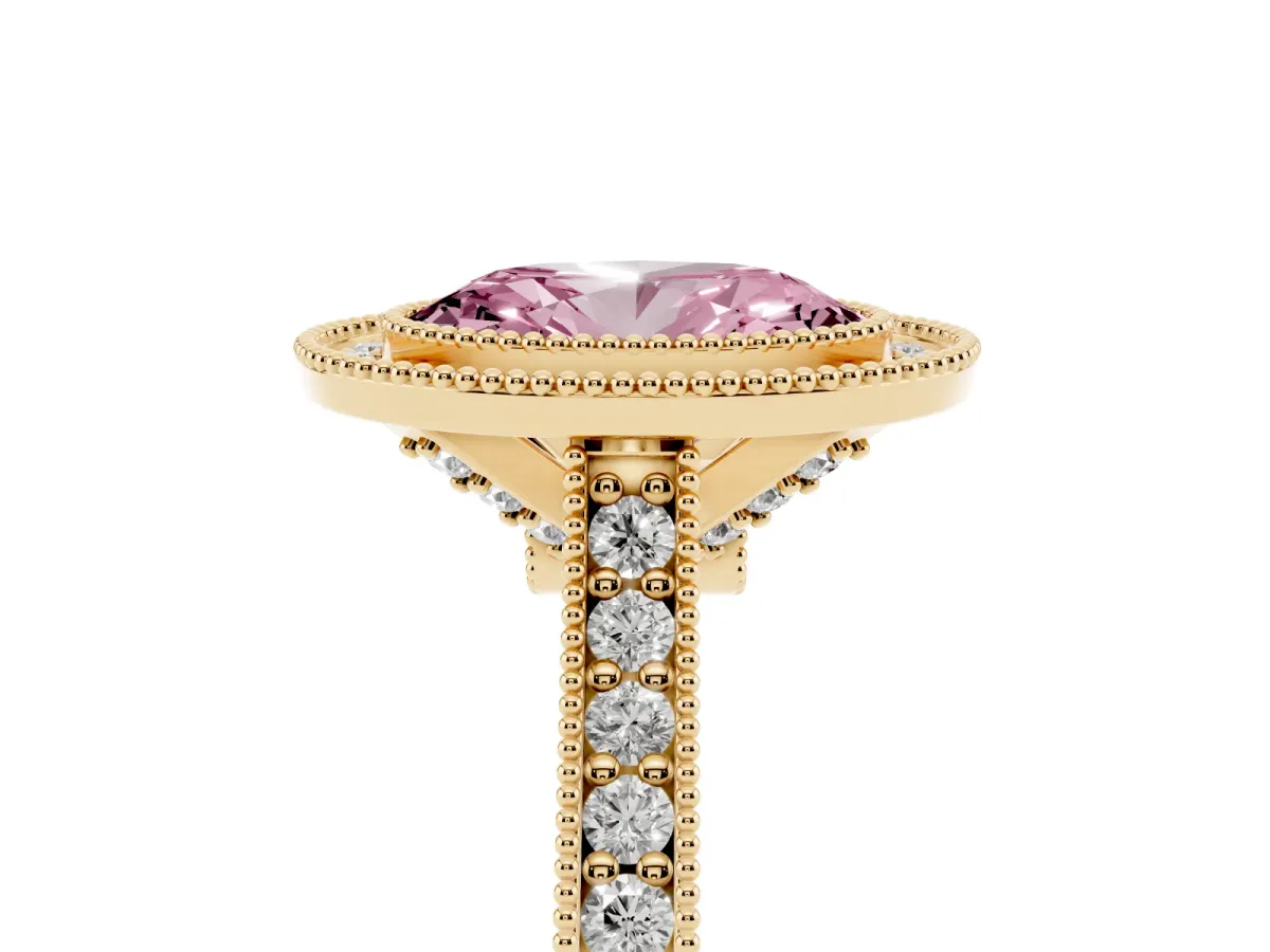 Fancy Pink Halo Oval Cut-Cut Diamond Pave Band Milgrain Prong Setting Ring Yellow gold