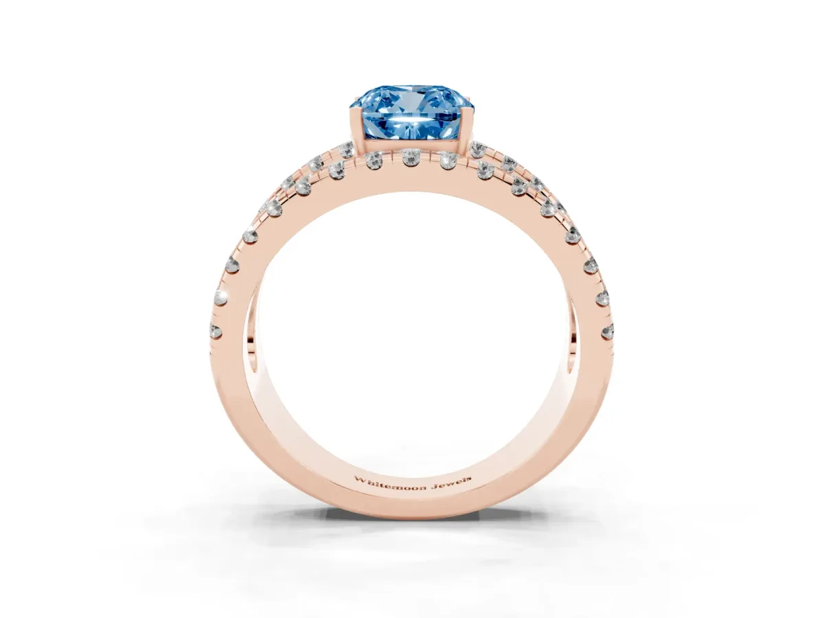 Fancy Blue Cushion Cut Solitaire Split Shank Pave Diamond Ring Rose gold