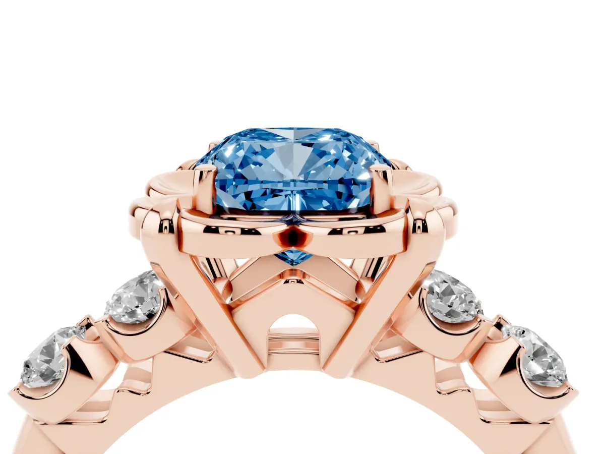 Fancy Blue Cushion Cut Cut Diamond Floral Halo Engagement Ring with Shared Prong Setting Rose gold