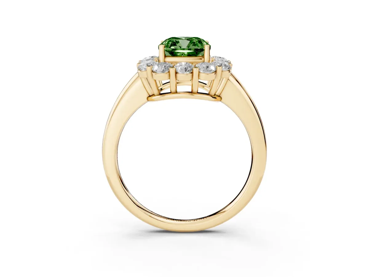 Fancy Green Cushion Cut Halo Cluster Diamond Engagement Ring with Prong Setting and Polished Band Yellow gold