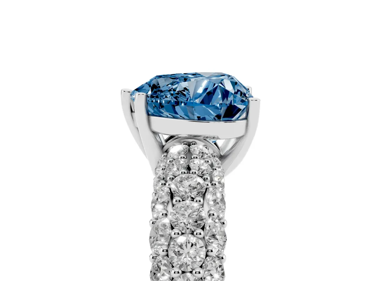 Fancy Blue Heart Cut Diamond Pavé Band Solitaire Ring with Four-Prong Setting Silver