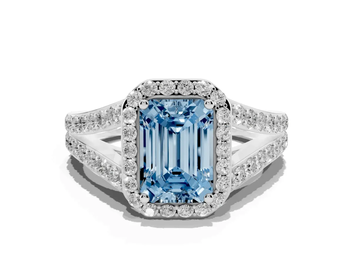 Fancy Blue Emerald Cut Diamond Split Shank Halo Ring with Four-Prong Setting Silver